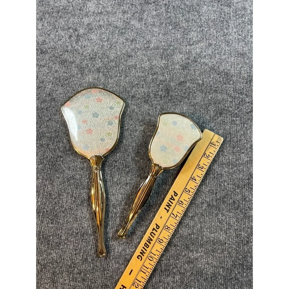 Vintage Gold Vanity Hand Mirror & Brush Set Floral Brocade Back Mid Century Boud